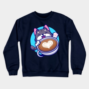 Cute Cat With Coffee Cup Cartoon Crewneck Sweatshirt